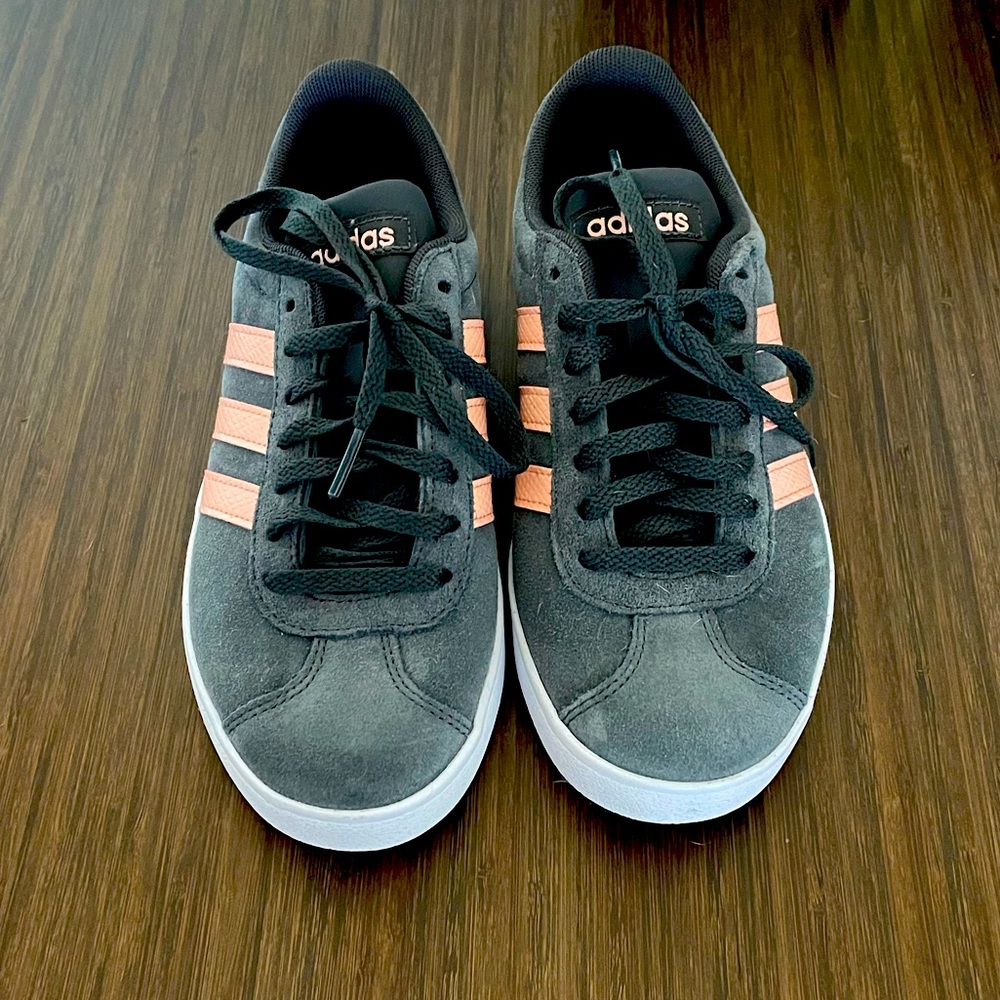 adidas Women's Gray Suede Sneakers with Pink Stripes